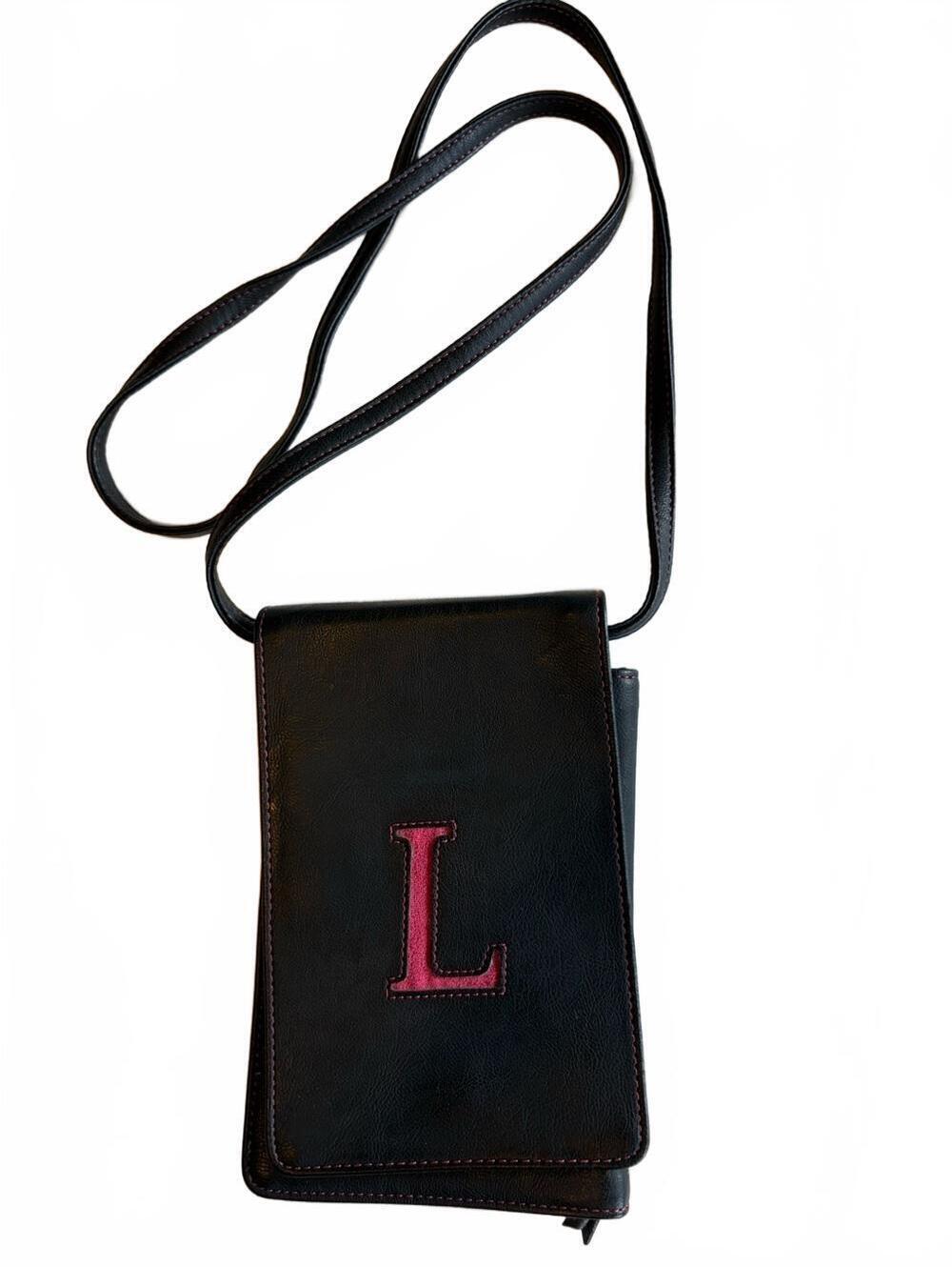 Black Leather Crossbody Phone Bag | Pink Monogram Accent | Compact Everyday Bag